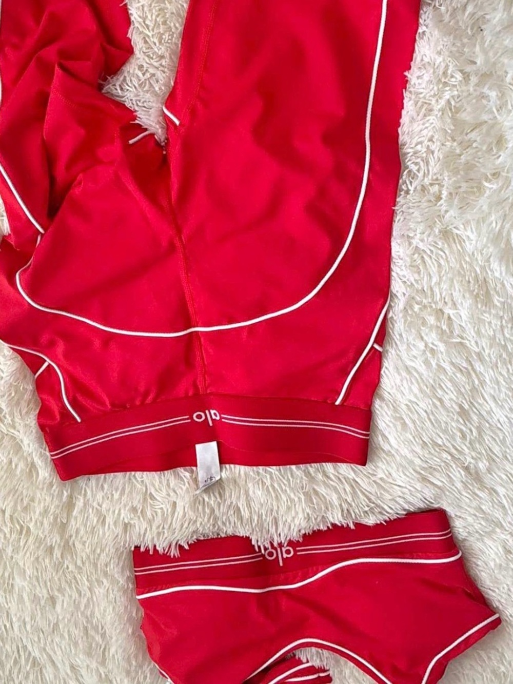 ALO Yoga Red Lounge Bra & Brief Set with White Piping